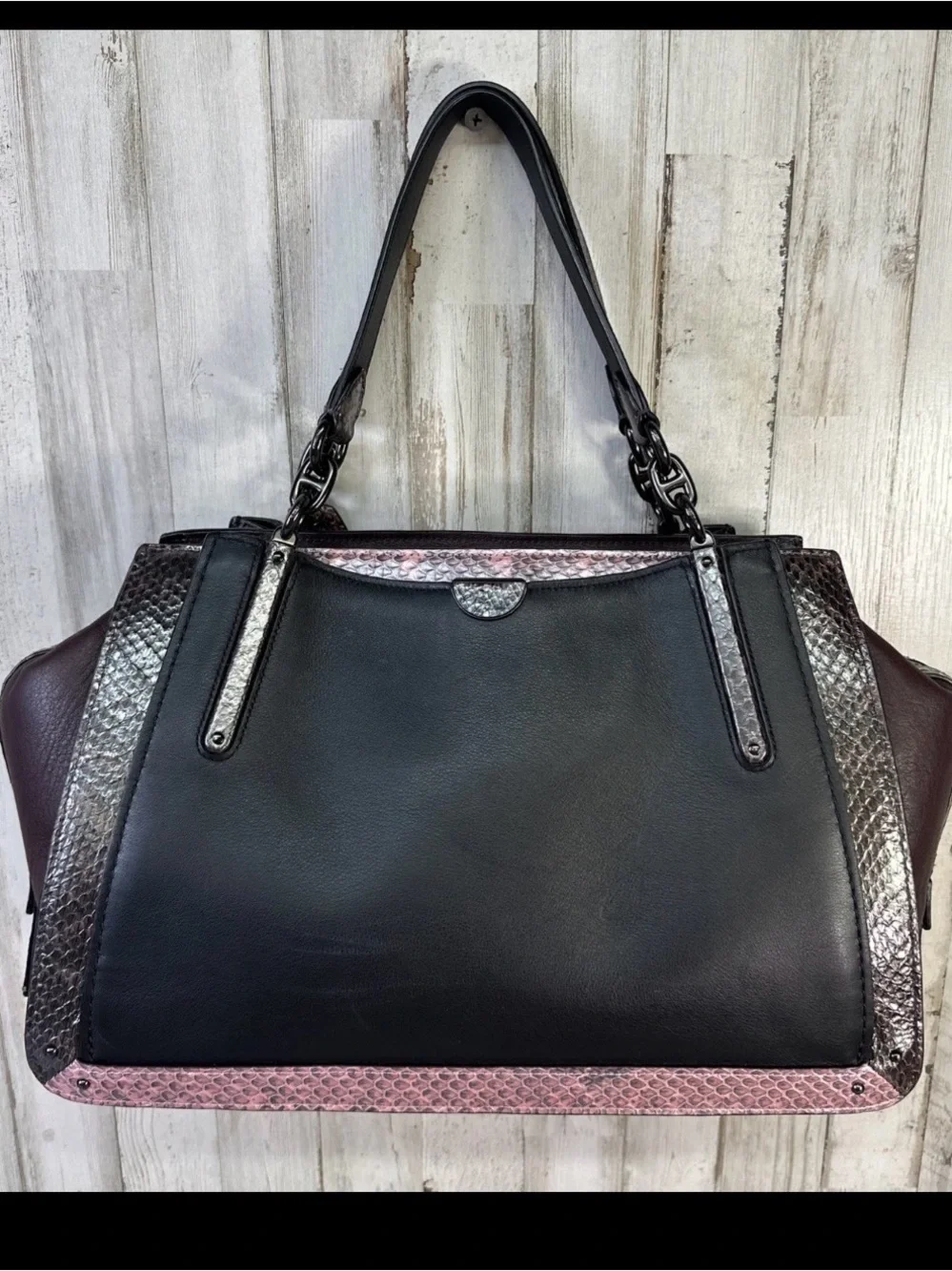 Coach Dreamer 36 Black Leather Tote with Pink Snake-Trim